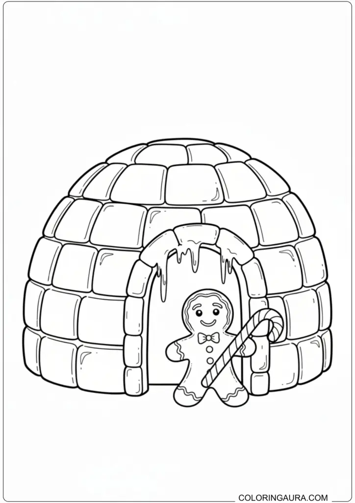 Printable igloo coloring sheet featuring a smiling gingerbread man holding a candy cane under icicles.
