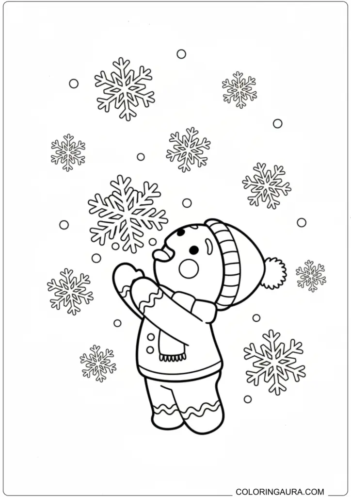 Winter coloring page of a gingerbread man in a scarf looking up at large, falling snowflakes.