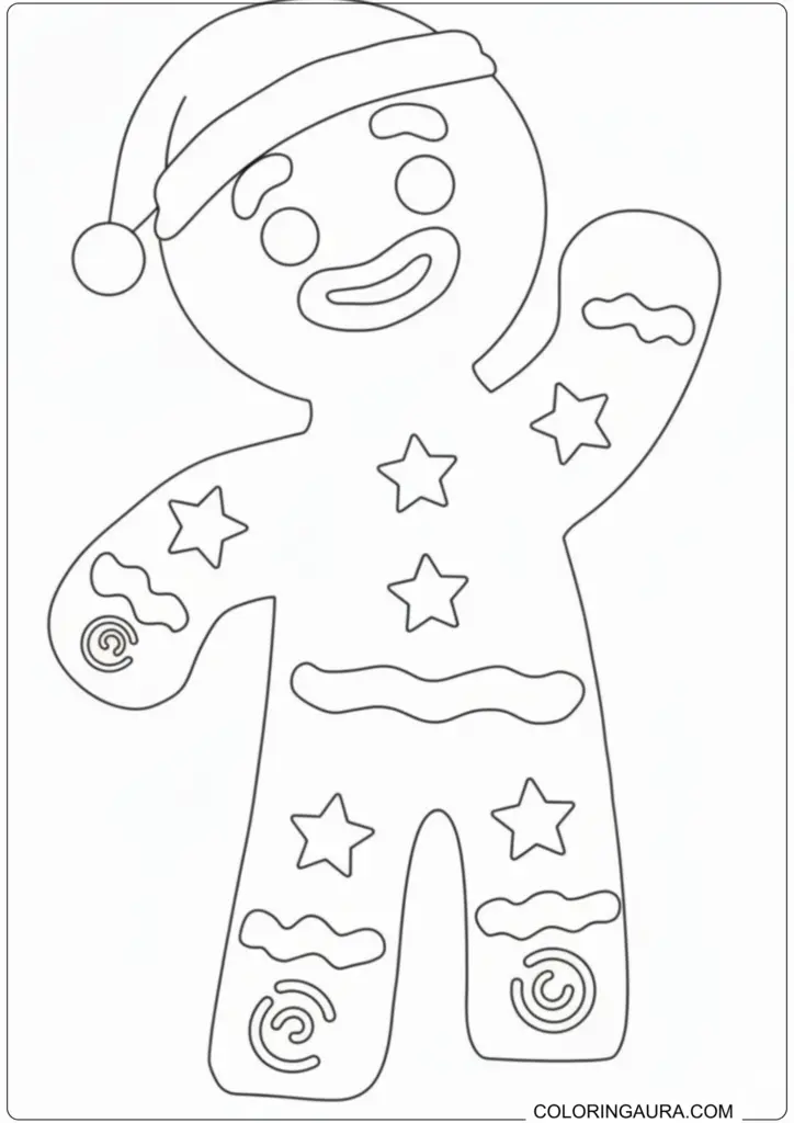 Simple Christmas coloring page of a smiling gingerbread man wearing a Santa hat and decorated with stars.