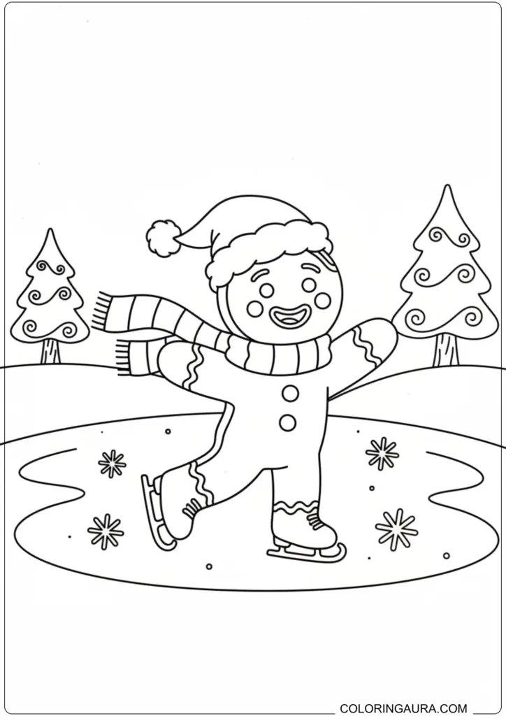 Black and white coloring page of a cheerful gingerbread man ice skating while wearing a scarf and Santa hat, with two snowy pine trees in the background.
