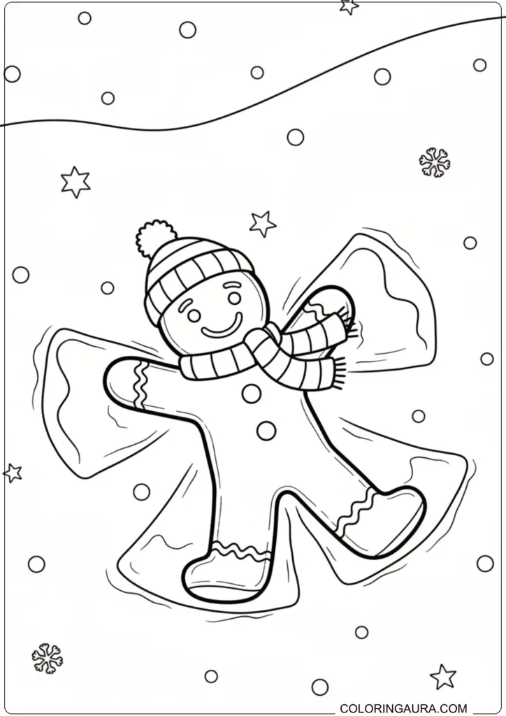 Fun winter coloring page of a gingerbread man wearing a scarf and hat making a snow angel in the snow.