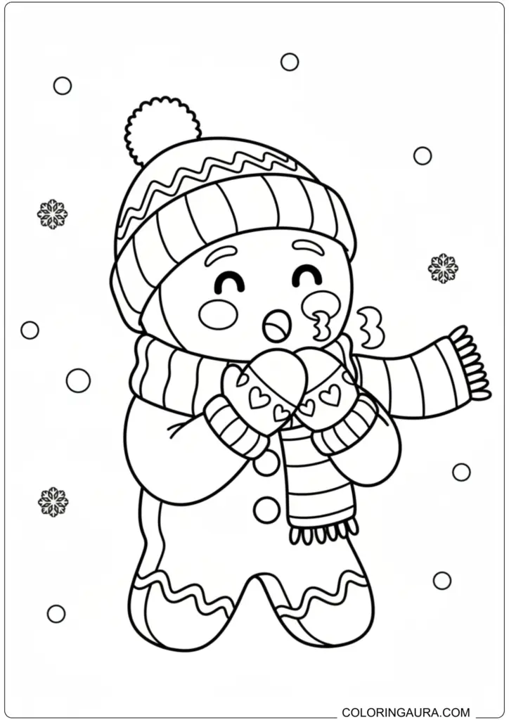 Adorable gingerbread man coloring page wearing a striped hat and scarf, holding a large intricate snowflake.