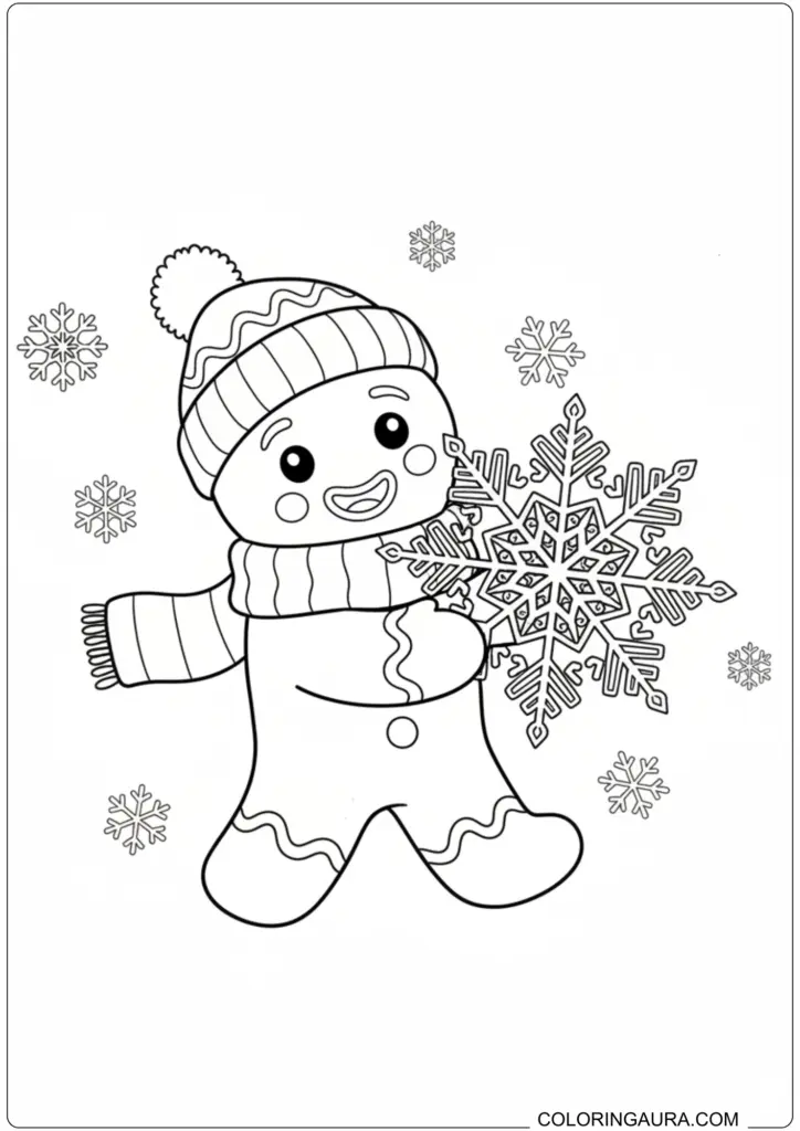 Adorable gingerbread man coloring page wearing a striped hat and scarf, holding a large intricate snowflake.