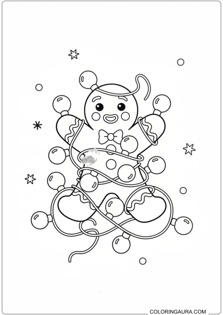 Funny Christmas coloring page of a gingerbread man tangled and trapped in a string of round holiday lights.