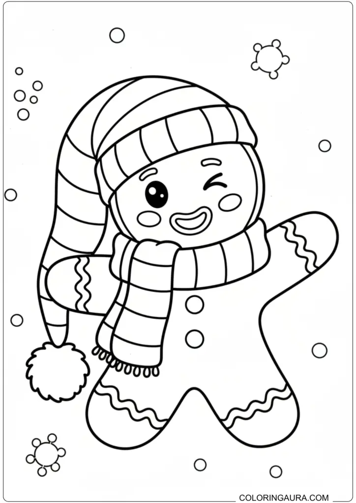 Cheerful coloring page of a gingerbread man wearing a striped hat and scarf and winking in the snow.