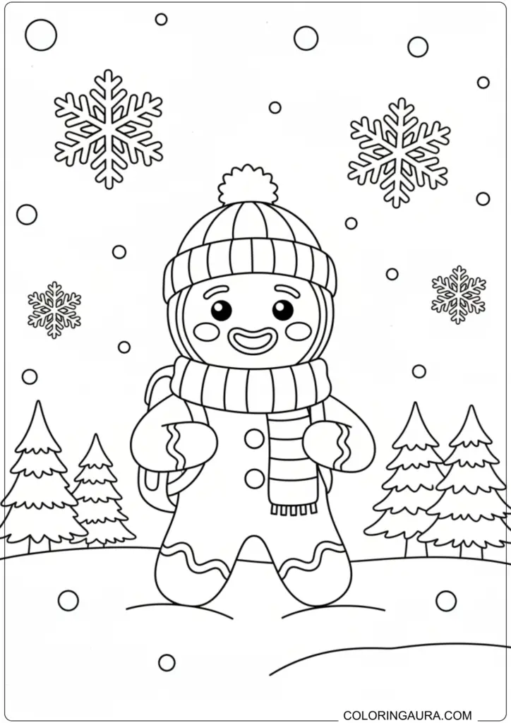 Winter coloring page of a bundled-up gingerbread man standing among pine trees and large snowflakes.