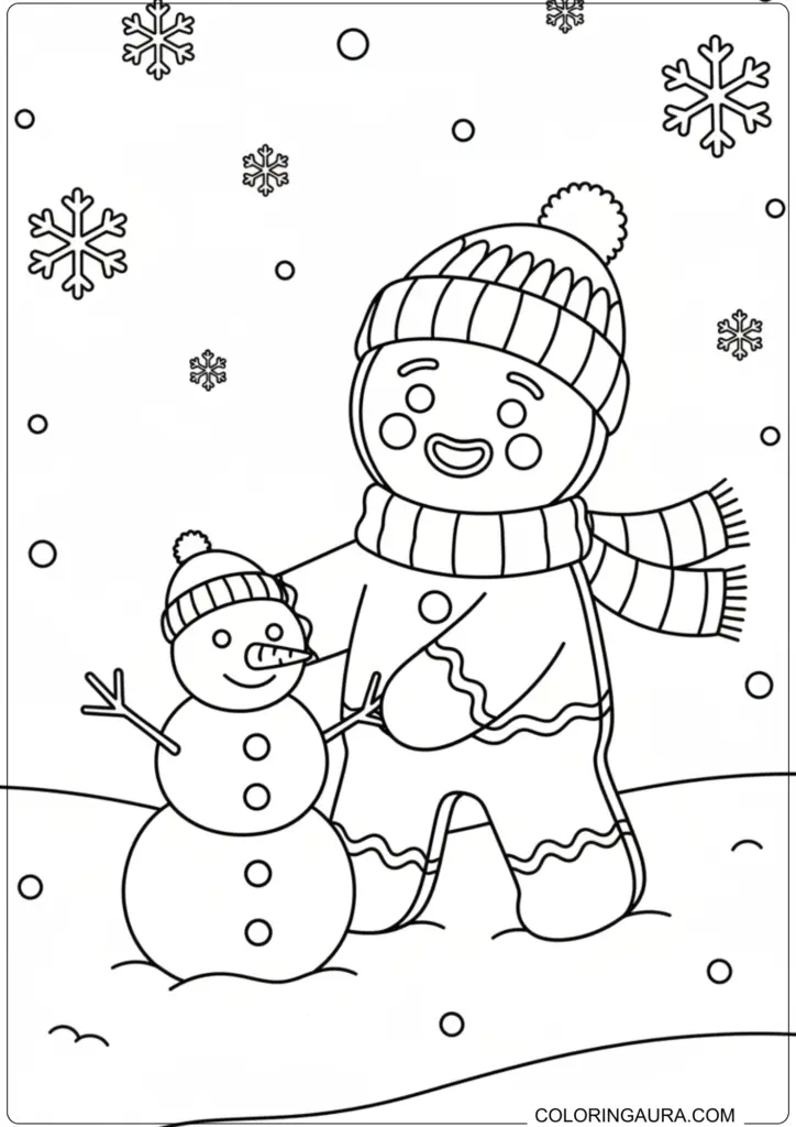 Cute winter coloring page of a gingerbread man wearing a hat and scarf standing next to a small snowman.