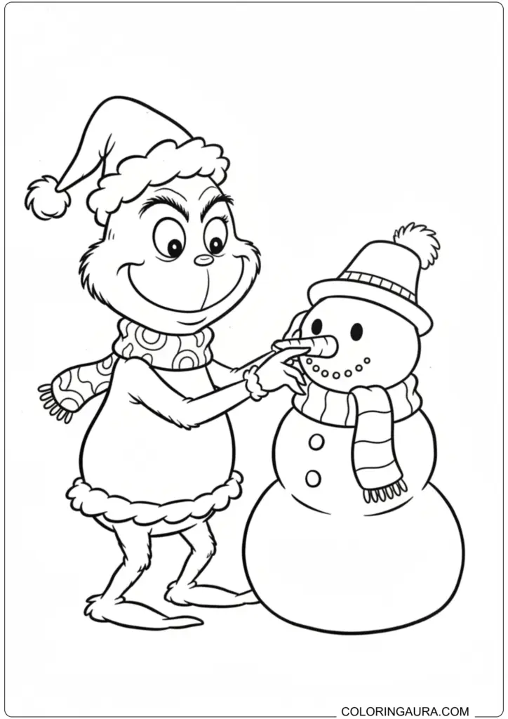 Grinch wearing Santa hat building a snowman with carrot nose for Christmas coloring fun.