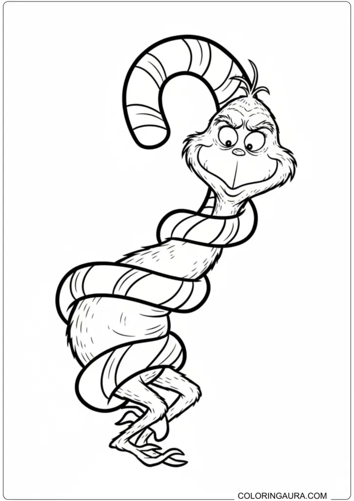 Printable coloring page featuring the Grinch wrapped around a giant striped Christmas candy cane.