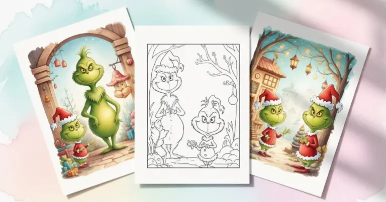 Display of Grinch coloring page centered between two colorful festive Grinch watercolor art prints.