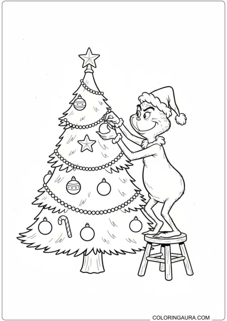 Grinch standing on a stool decorating a Christmas tree with ornaments for printable coloring.