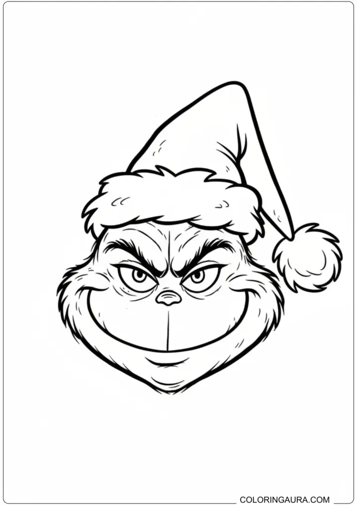 Close-up Grinch face with Santa hat smiling mischievously for printable Christmas coloring activity.