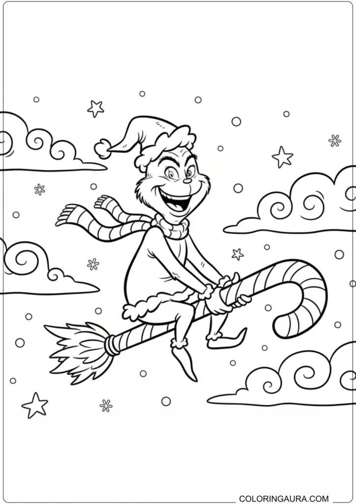 Mischievous Grinch riding a giant candy cane through starry sky for printable Christmas coloring.