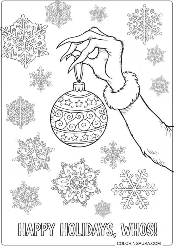 Detailed Grinch hand holding an intricate Christmas ornament surrounded by snowflakes and holiday text.