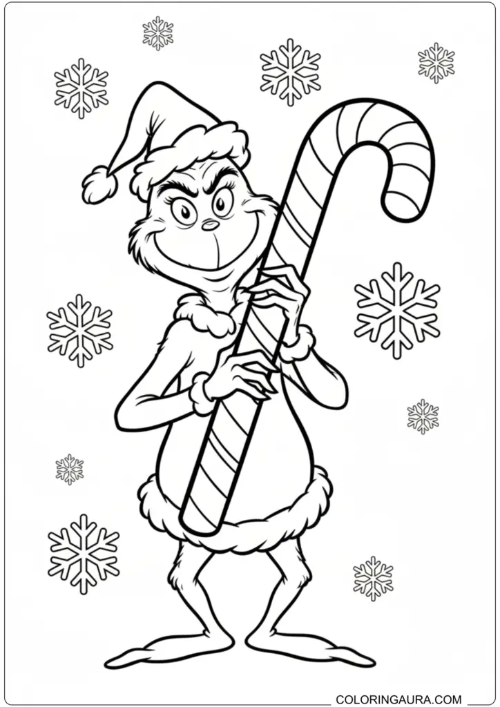 Grinch wearing Santa suit holding a giant candy cane amidst falling snowflakes for coloring.