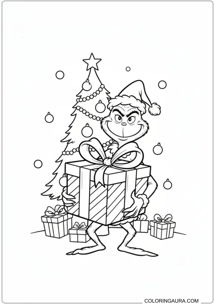 Grinch wearing Santa hat holding large gift box before Christmas tree for printable coloring.