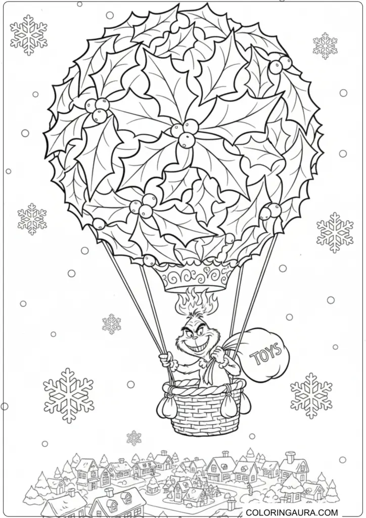 The Grinch in a hot air balloon, with a holly and berries balloon, holding a "TOYS" sack, flying over a snowy village with snowflakes.