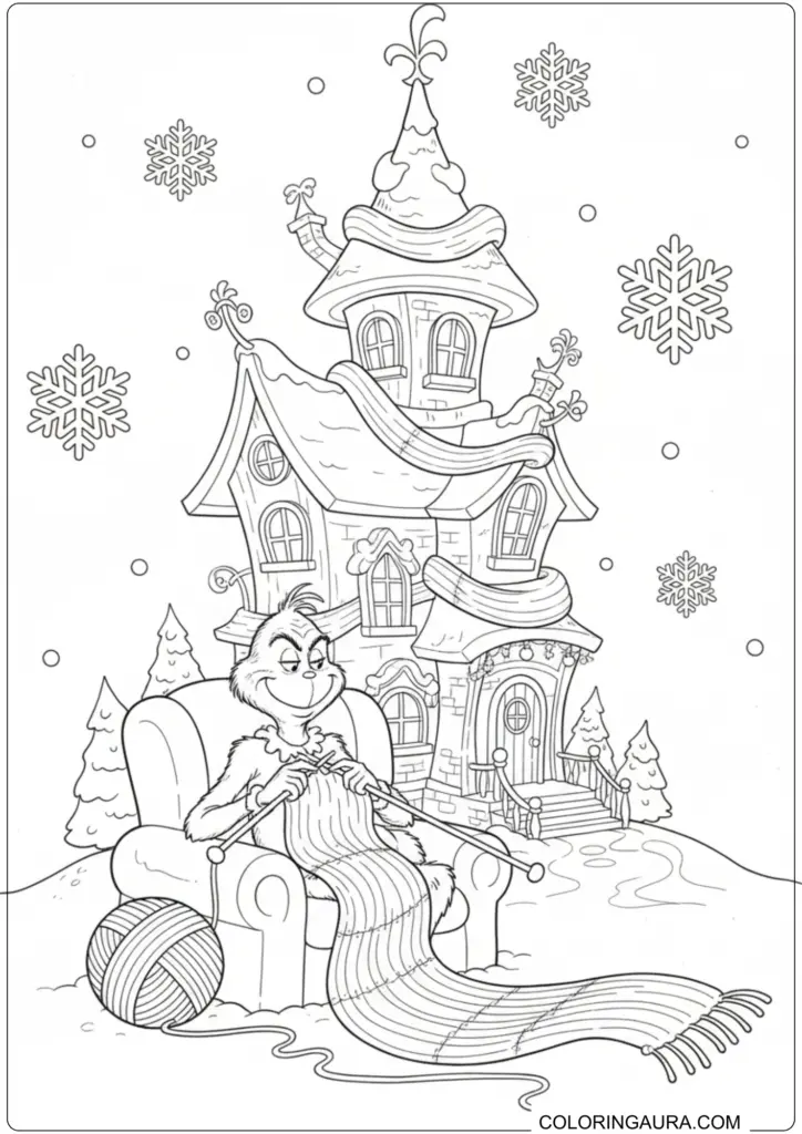 Grinch sitting in armchair knitting a long scarf outside his whimsical house for printable coloring.