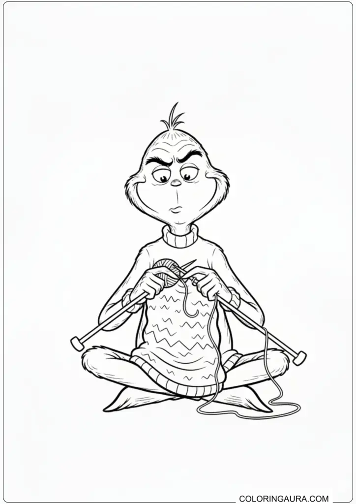 Grinch sitting cross-legged knitting a sweater with a focused expression for printable coloring fun.