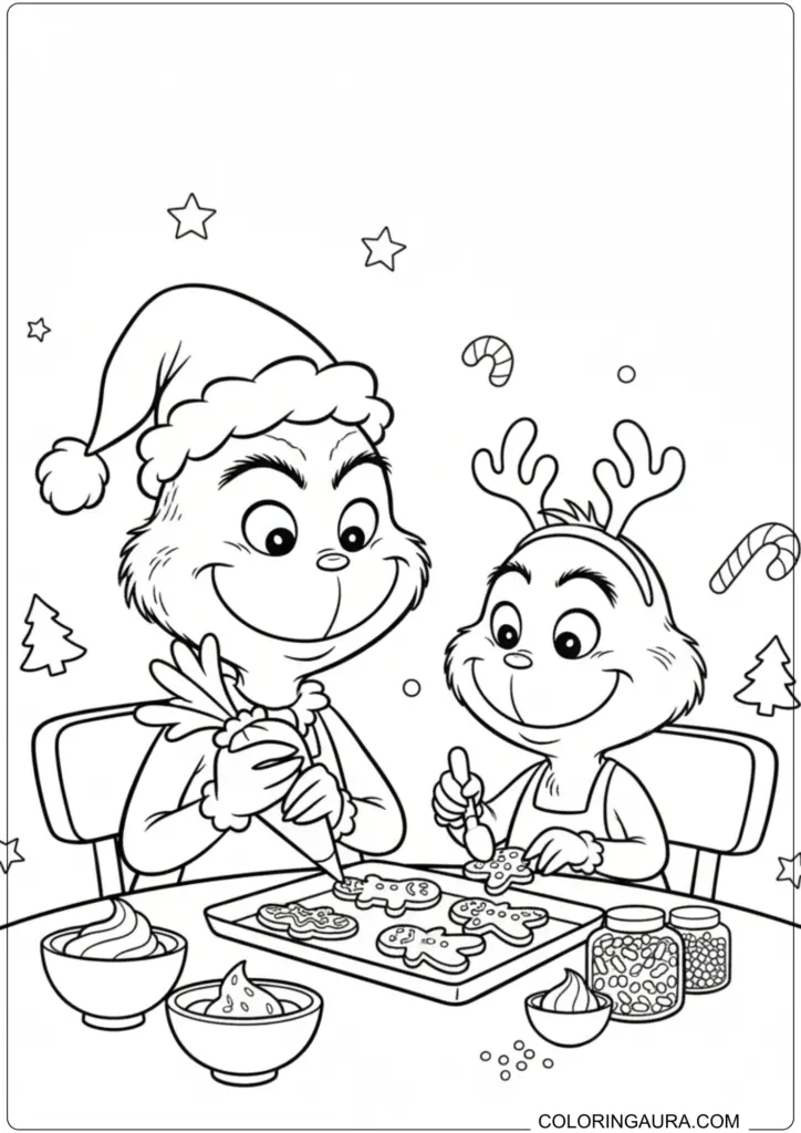 Grinch and Max decorating gingerbread cookies with icing and sprinkles for printable Christmas coloring fun.