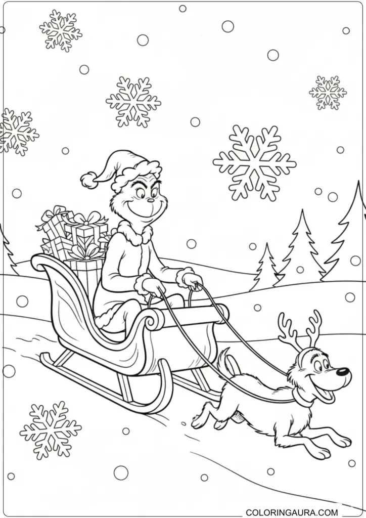 Grinch riding sleigh full of gifts pulled by happy dog Max for Christmas coloring.
