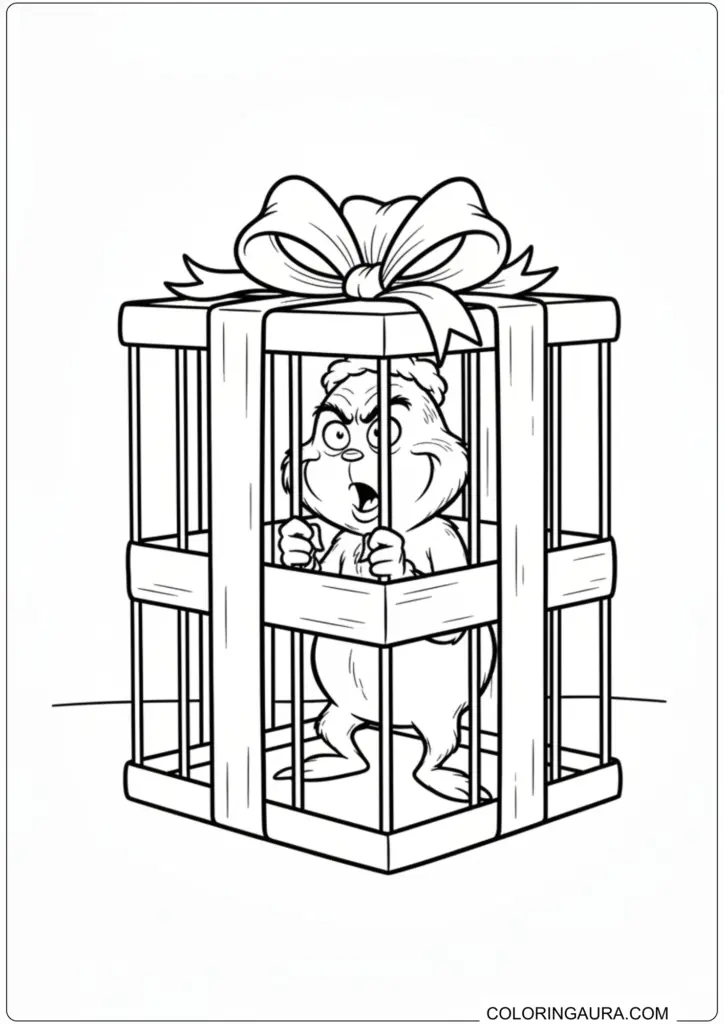 Angry Grinch trapped inside a cage wrapped like a Christmas gift for printable coloring.