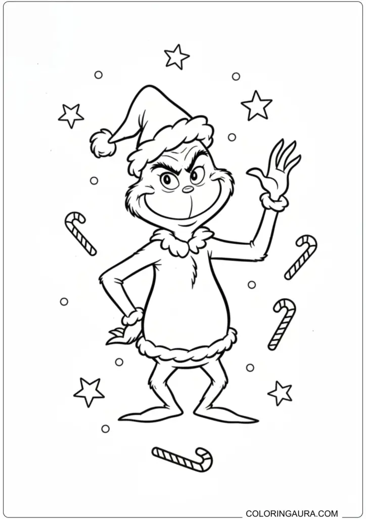 Grinch in Santa suit waving hello surrounded by stars and candy canes for printable coloring.