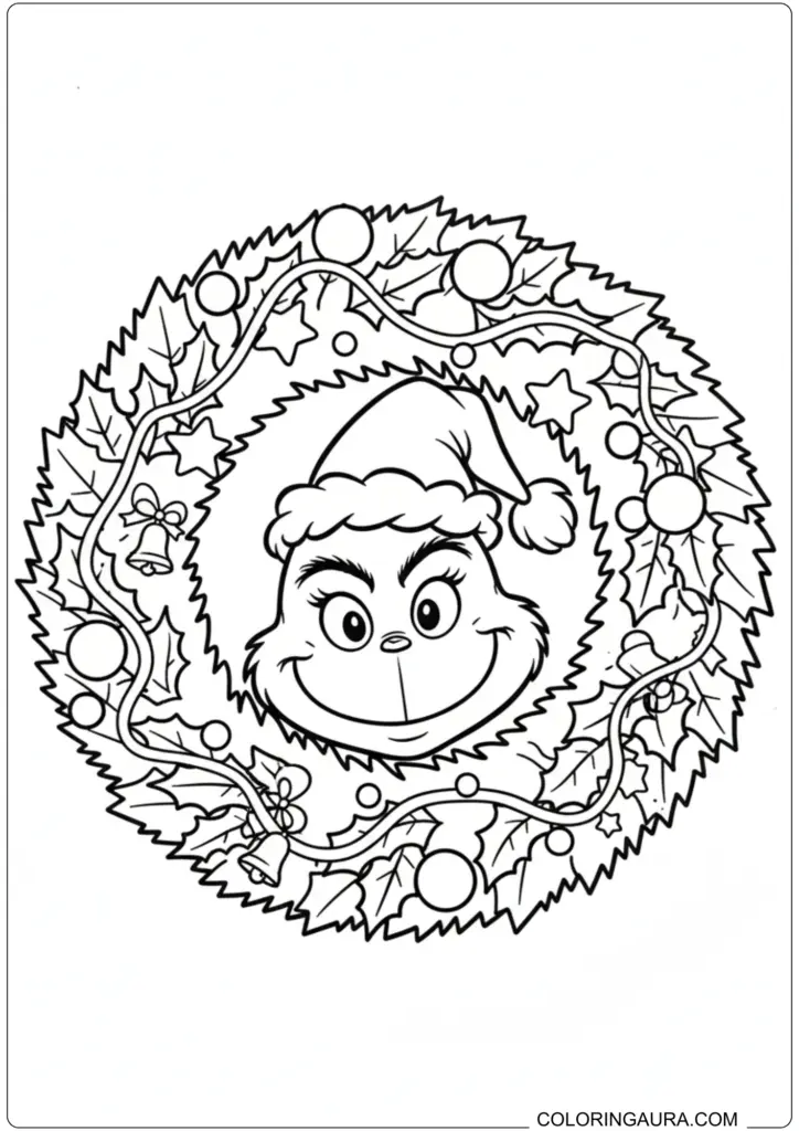 Grinch face wearing Santa hat inside festive Christmas wreath with ornaments and bells for coloring.