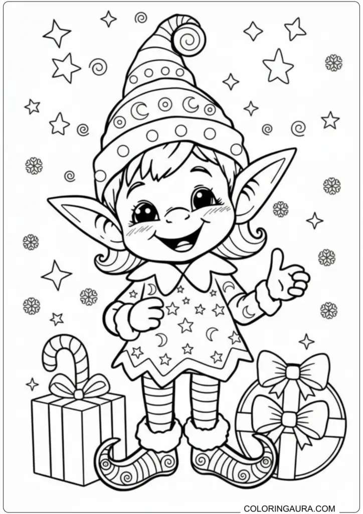 Happy elf in starry outfit giving thumbs up with Christmas gifts printable coloring page.