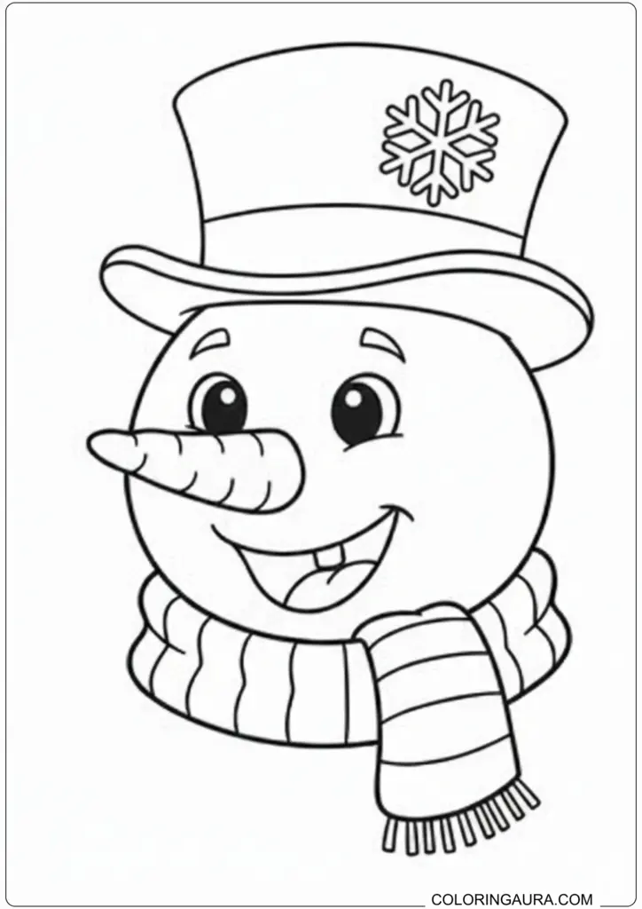 Happy snowman head coloring page featuring a snowflake top hat and striped winter scarf.
