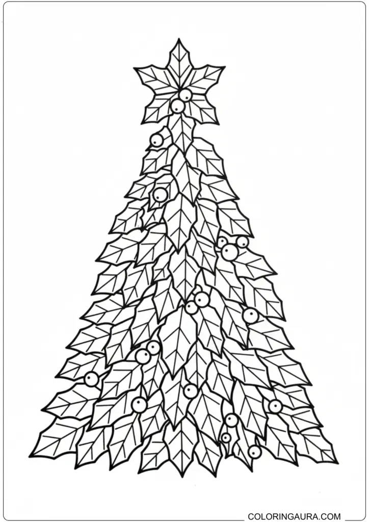 Intricate Christmas tree design made from holly leaves and berries, topped with a poinsettia star, for holiday coloring.