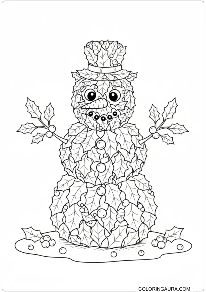 Intricate snowman made entirely of holly leaves and berries, wearing a top hat, perfect for detailed Christmas coloring.