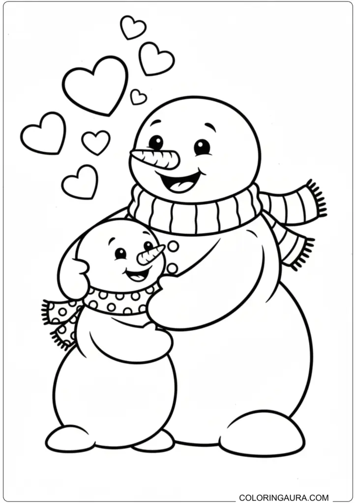 Cute coloring page of a parent and child snowman hugging with hearts floating above.