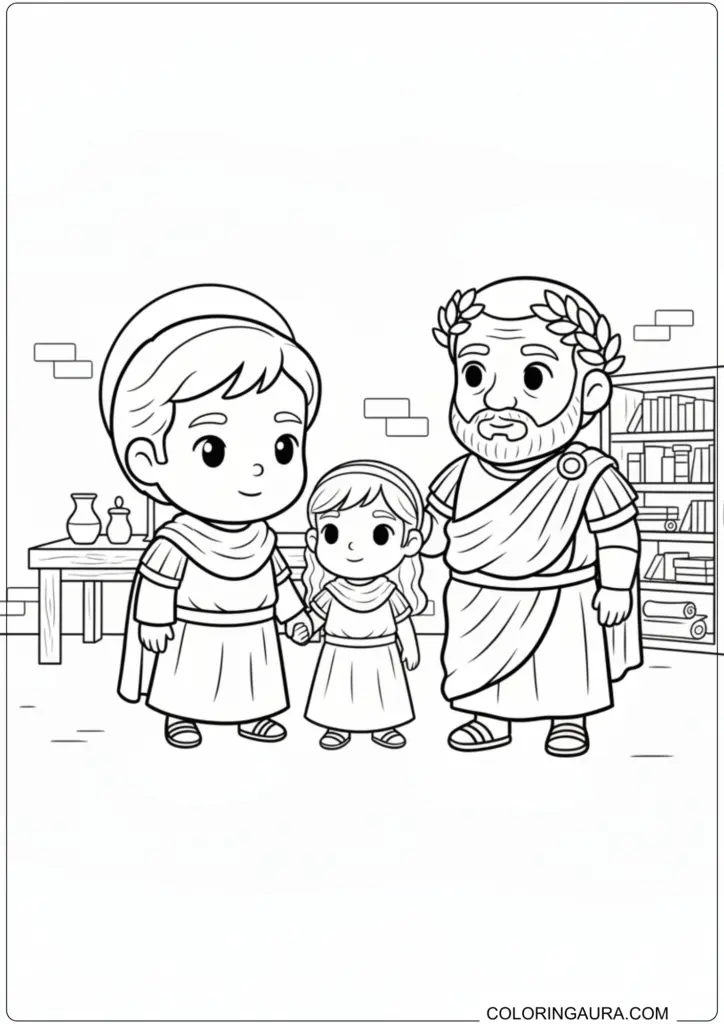 Saint Valentine holding hands with a girl next to Emperor Claudius II in a Roman room