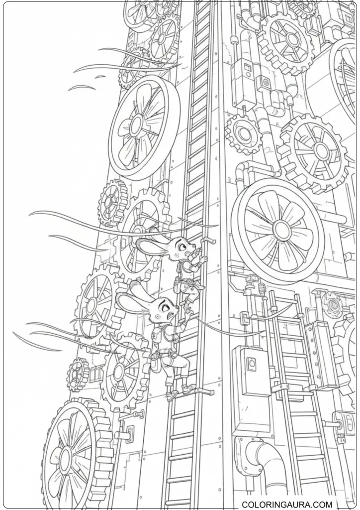 Judy Hopps climbing a tall ladder on a massive industrial tower with gears and fans.