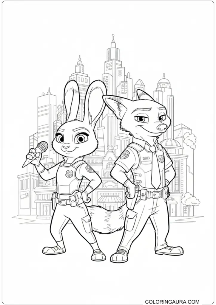 Zootopia coloring page featuring Judy Hopps and Nick Wilde posing in police uniforms before the city