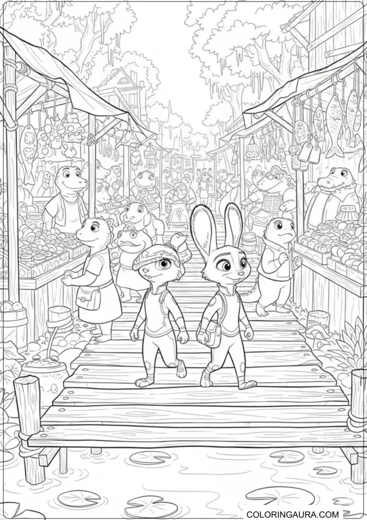 Judy Hopps walking through a bustling swamp market boardwalk surrounded by reptile vendors.