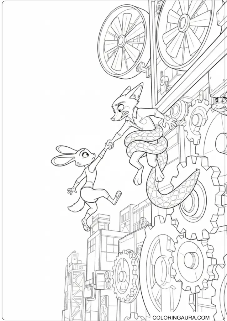 Judy Hopps reaching to rescue Nick Wilde wrapped in coils amidst massive industrial gears.