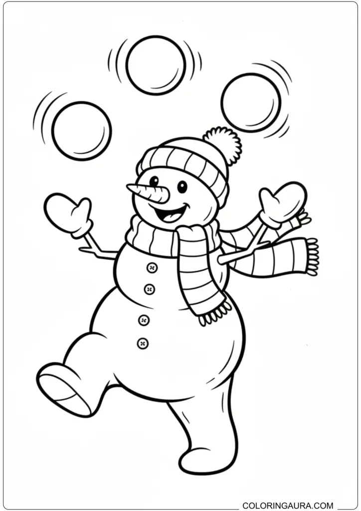 Cheerful snowman coloring page juggling three snowballs wearing a knit hat and scarf.