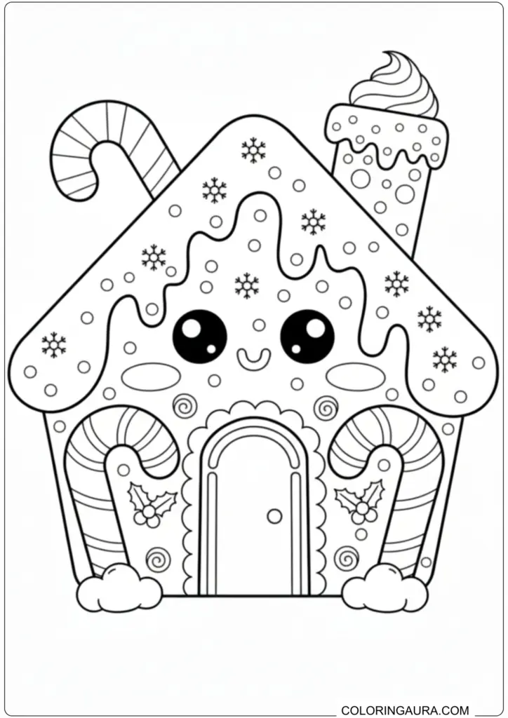 Kawaii gingerbread house coloring page featuring a smiling face, candy canes, and snowy roof details.