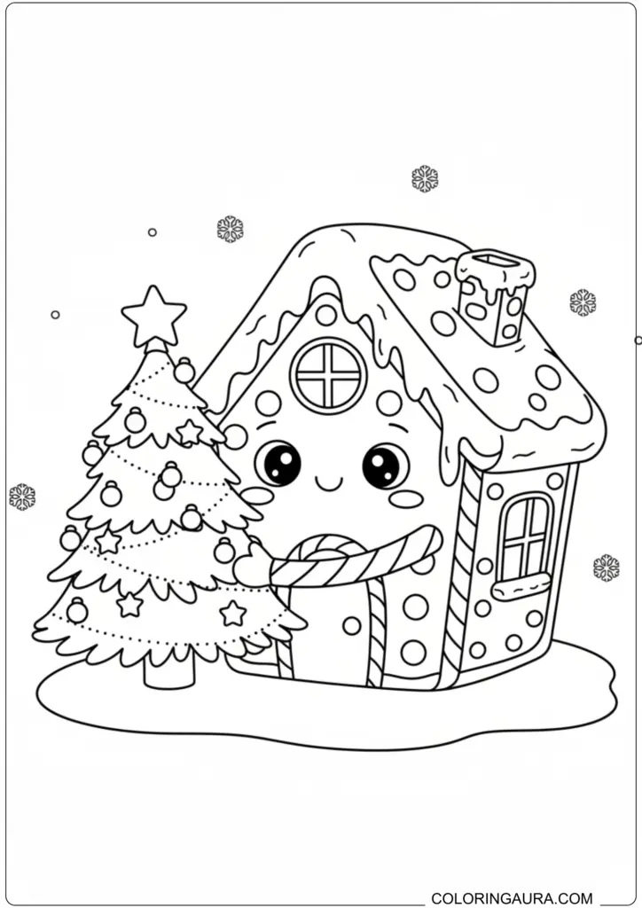 Cute kawaii gingerbread house coloring page hugging a decorated Christmas tree amidst falling snowflakes.