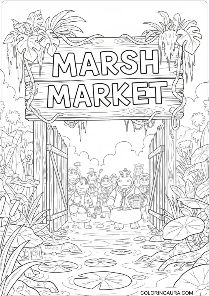 Entrance to Marsh Market featuring a wooden sign, lily pads, and anthropomorphic animal shoppers.