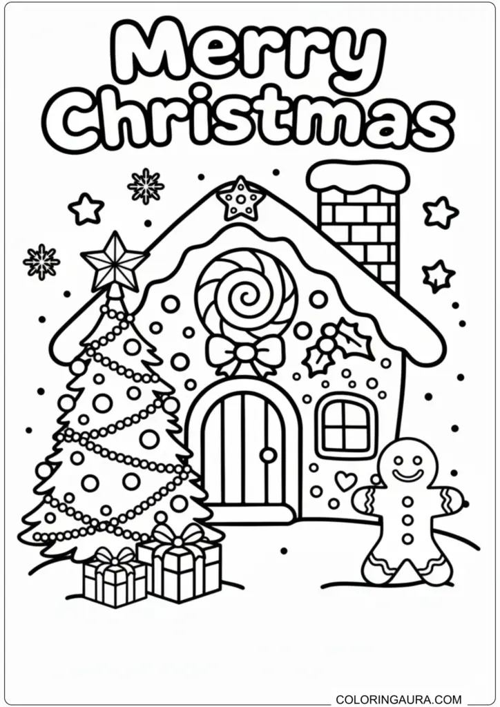 Merry Christmas coloring page featuring a gingerbread house, decorated tree, and smiling gingerbread man.