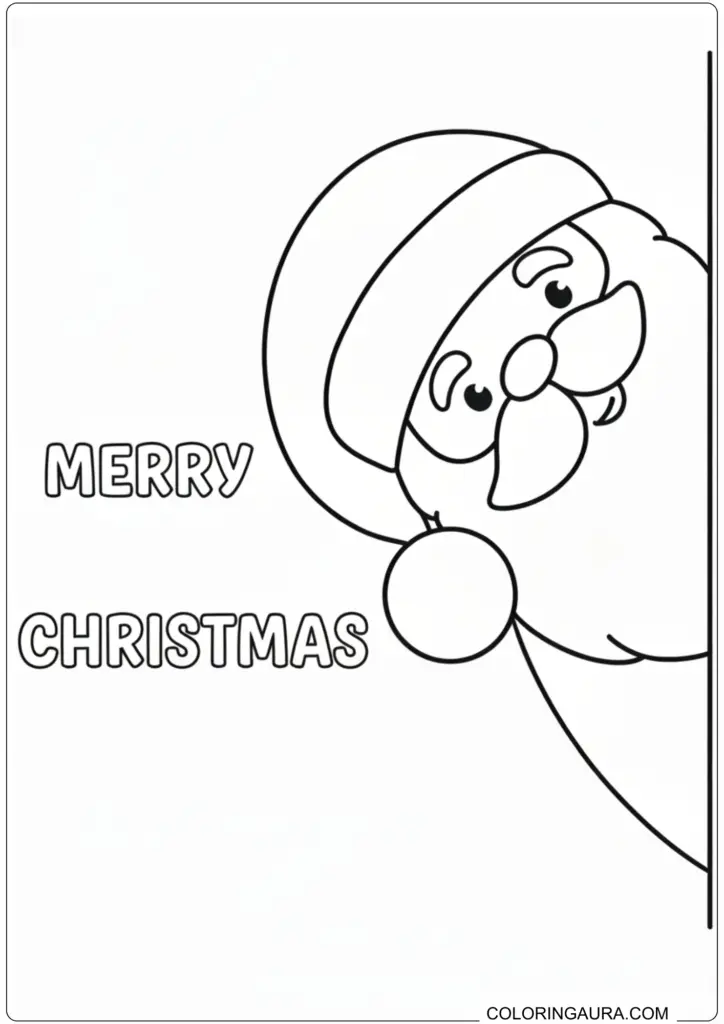 Santa Claus peeking from the side with "MERRY CHRISTMAS" text, perfect for holiday coloring.