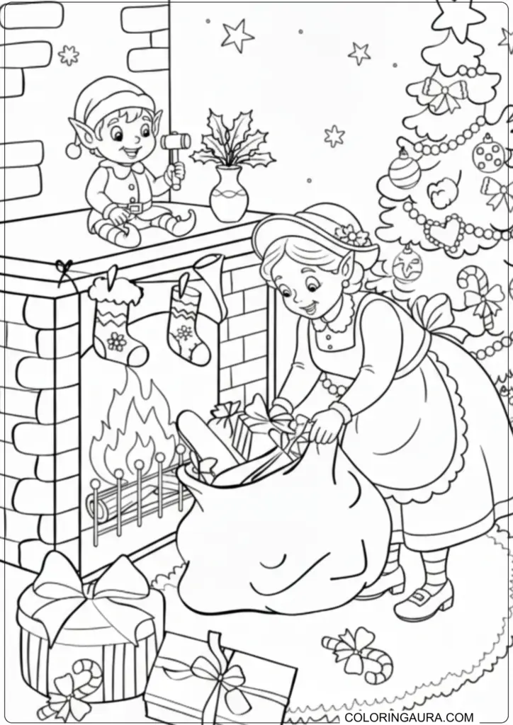 Mrs. Claus putting gifts in a sack by fireplace, elf with hammer on mantel, decorated Christmas tree, and presents.
