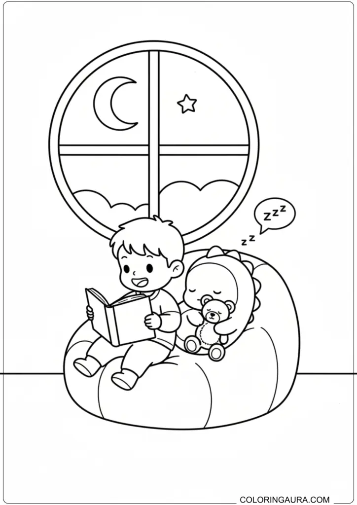 Nailong dinosaur sleeping with a teddy bear while a boy reads a book at night, a cozy coloring page.