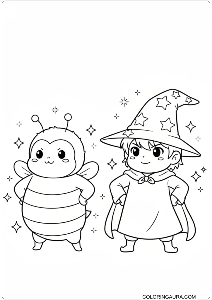 Nailong dinosaur dressed as a bee, with a boy in a wizard costume and hat, surrounded by sparkles, coloring pag
