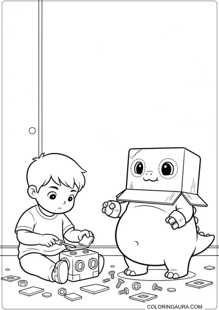 Nailong dinosaur wearing a box on his head, watching a boy building with blocks and screws, coloring page.