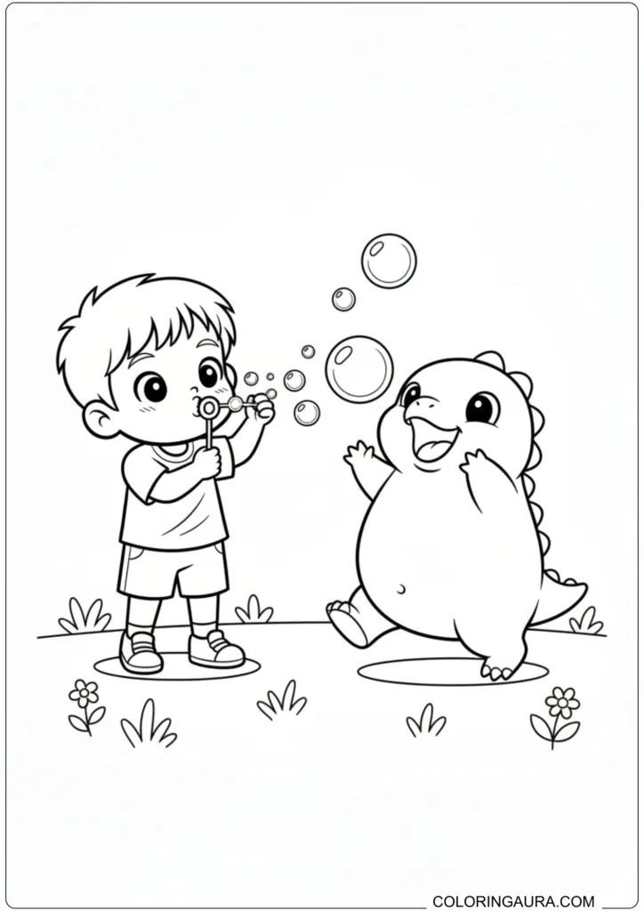 Nailong dinosaur playing with bubbles blown by a boy in a grassy field, a joyful coloring page.