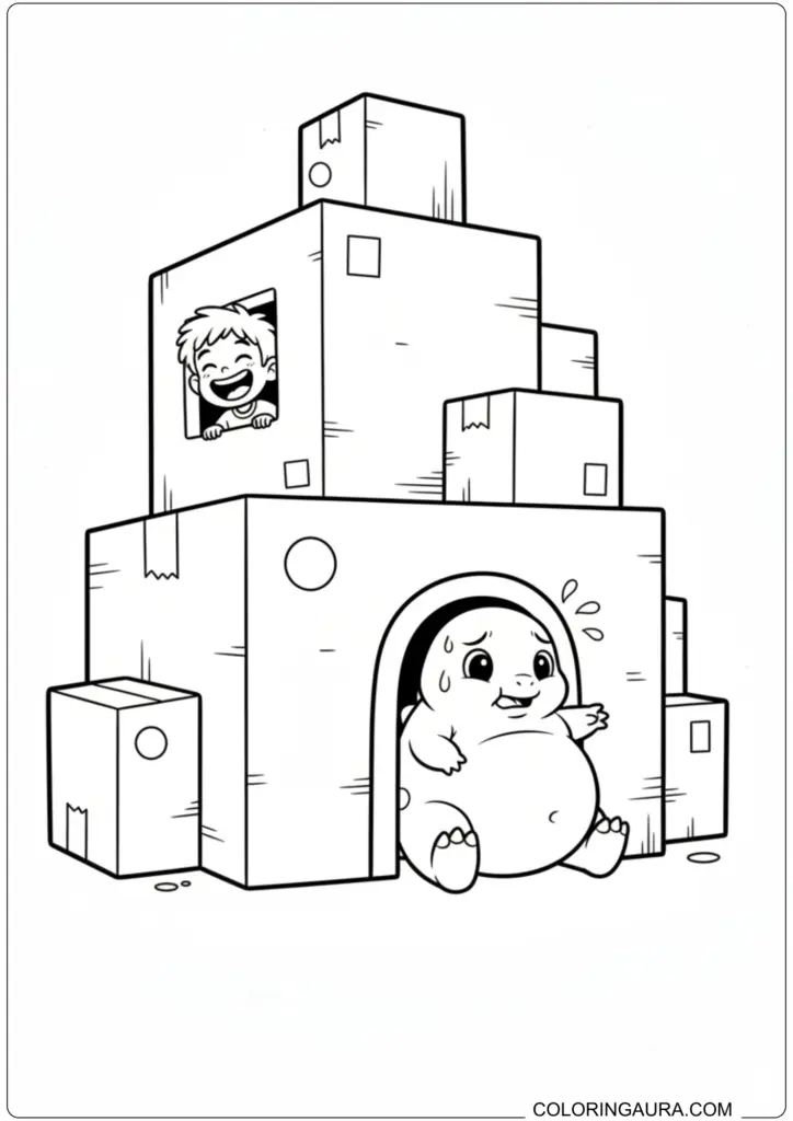 Nailong dinosaur looking nervous in a cardboard box fort, with a boy laughing from another box, coloring page.